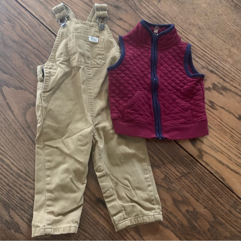 EUC Carter’s 12M Overalls and Quilted Vest (similar look to Carhartt)